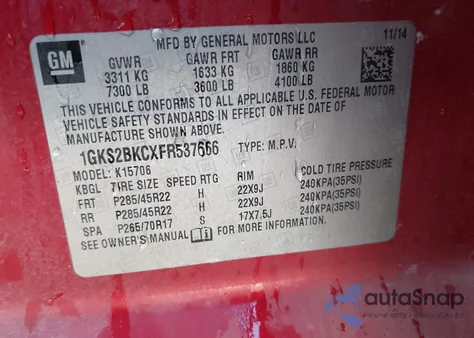 2015 GMC Yukon Slt from USA, damaged, VIN 1GKS2BKCXFR537666